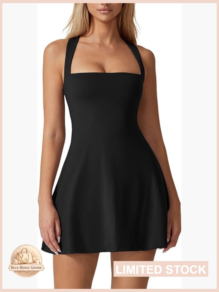 Square Neck Tennis Dress Sleeveless With Built-In Shorts Athletic Golf Dress